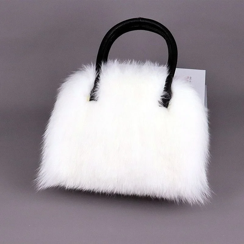 Winter Women Fox Fur Handbags Genuine Cowhide Hard Handle Handbag Full-pelt Red Fur Shoulder Luxury Evening Fashion Bags Tote