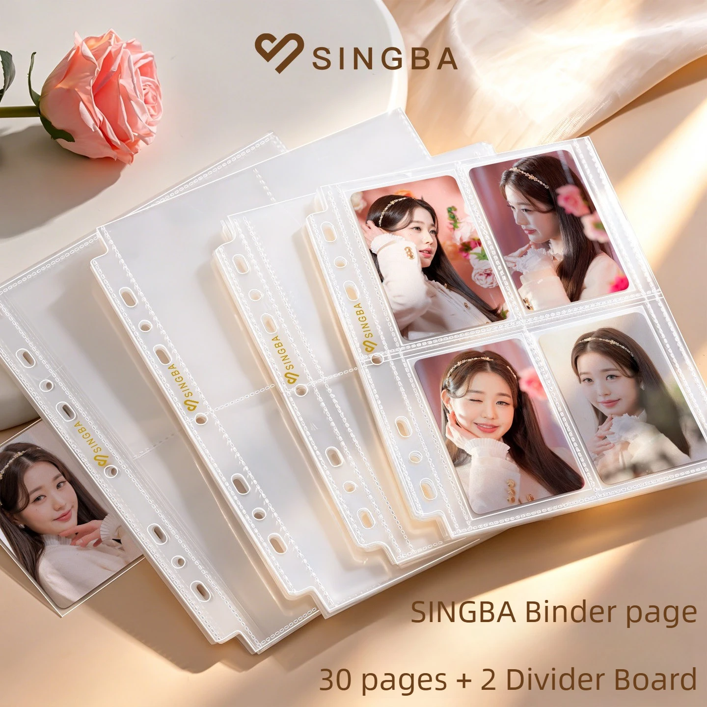 SINGBA Binder Pages 32pcs Clear Matte Photocard Binder Sheets Sleeve Acid Free PP Loose-leaf Pages for A5 Binder Pokemon Cards