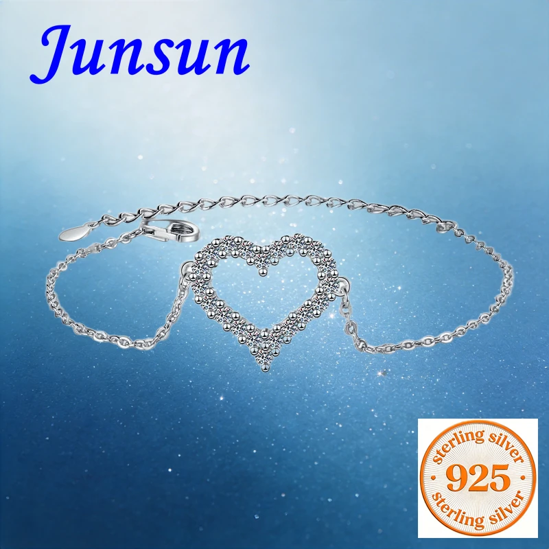 

Браслет Junsun Moissanite Diamond Love Heart для женщин из стерлингового серебра S925, красивые женские ювелирные изделия для жены, подруги