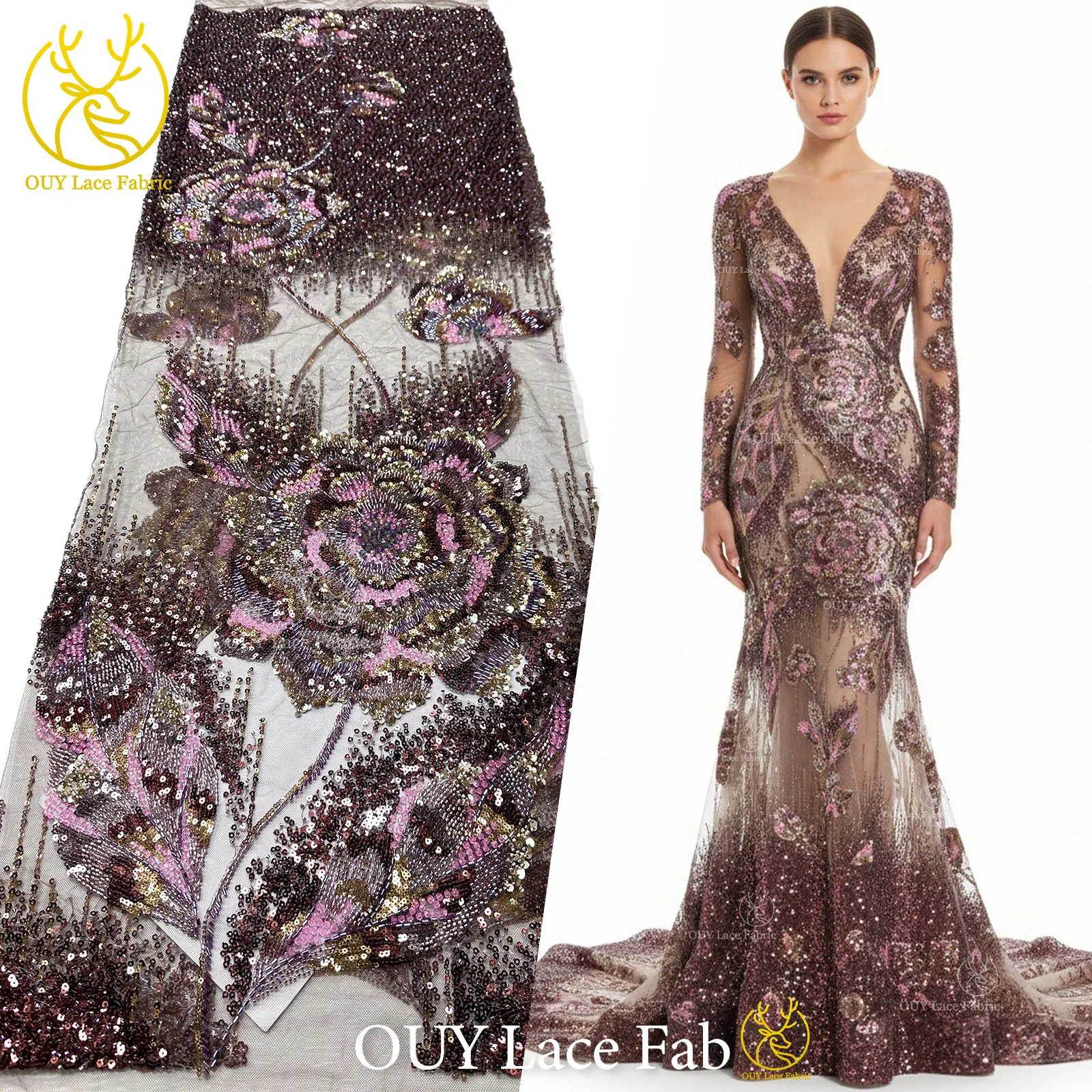 

Luxury African Floral Beaded Sequined Lace Fabric 2026 Premium Custom Nigerian Tulle Lace Ideal for Party Dresses, Wedding Gowns