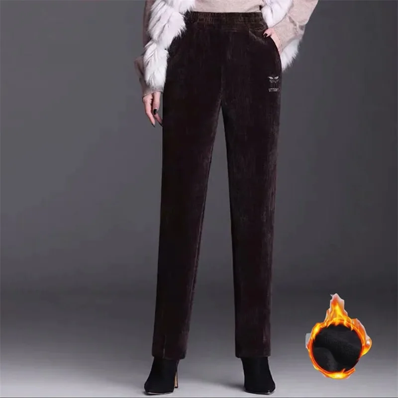 

Plush/non Plush Autumn And Winter Middle-aged Elderly Chenille Striped Straight Tube Mother's Pants, High Waisted Casual Pants