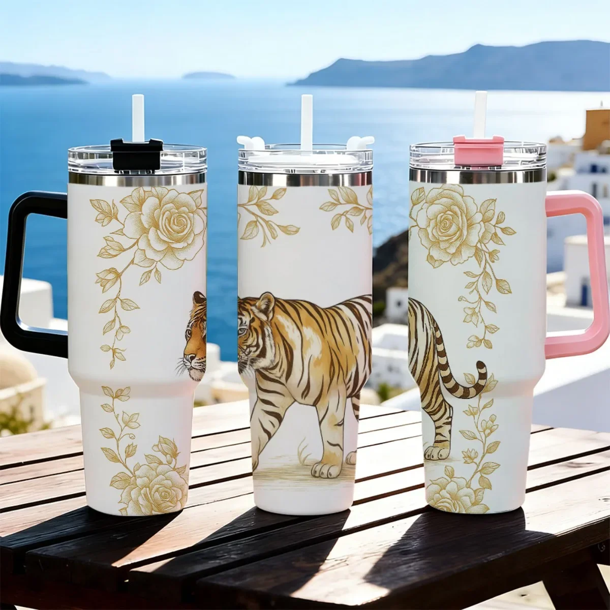 40oz Golden Rose Tiger Print Stainless Steel Tumbler With Handle Straw Lid 24 Hours Cold Insulated Travel Cup