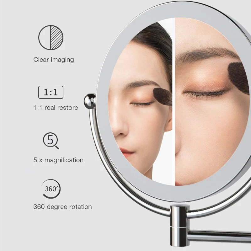 Rechargeable Wall Mounted Lighted Makeup Vanity Mirror 8 Inch Double Side 3X 5X Magnifying Bathroom Mirror Chrome Folding Mirror