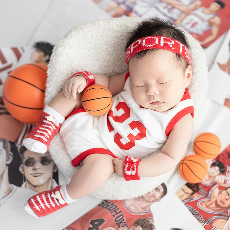 Summer Newborn Photography Sports Theme Basketball Uniform Set Japanese Anime Poster Props Cool Guy Style Newborn Artistic Photo