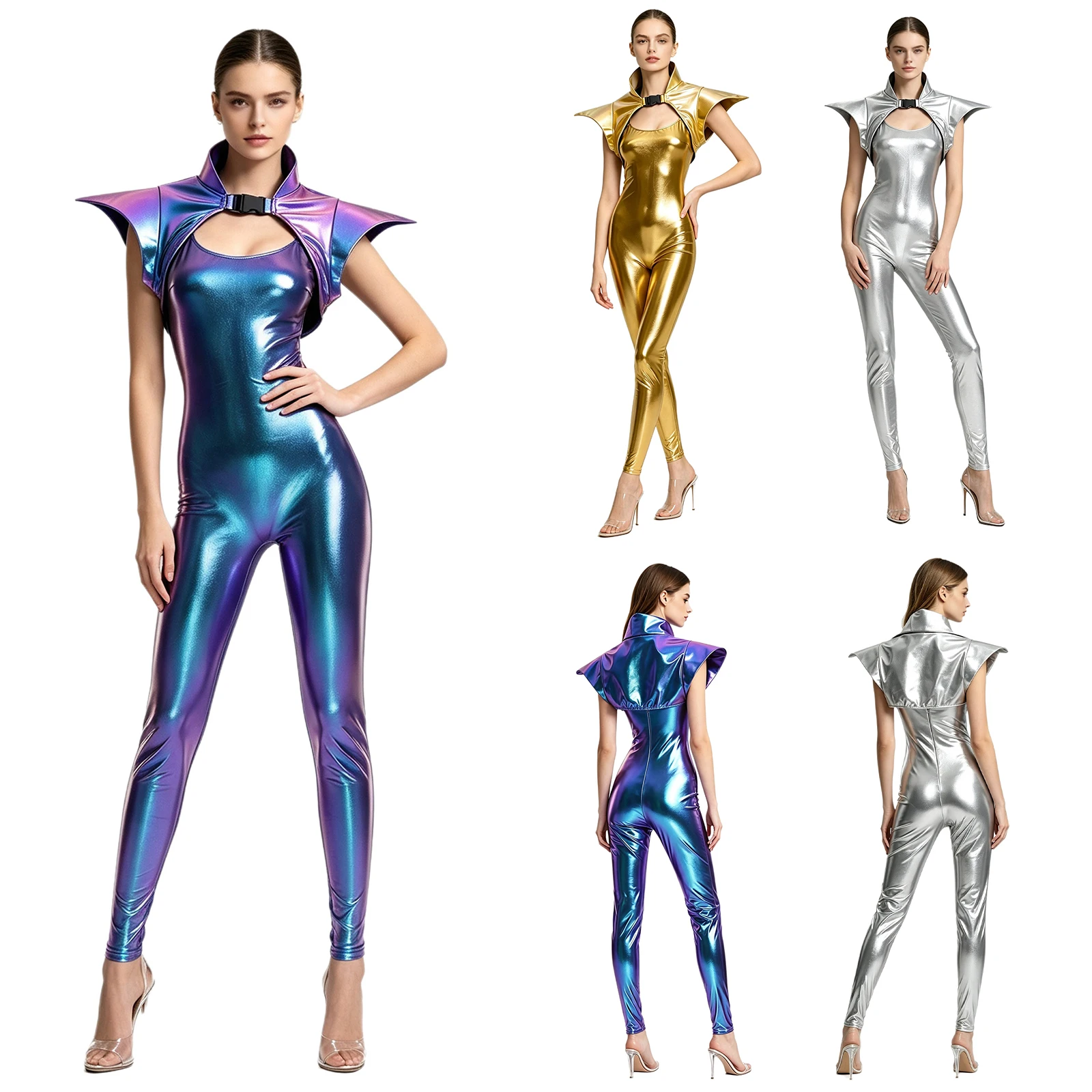 Womens Metallic Shiny Clubwear Party Romper Fly Sleeve Stand Collar Gothic Armor for Burlesque Cabaret Stage Performance Show