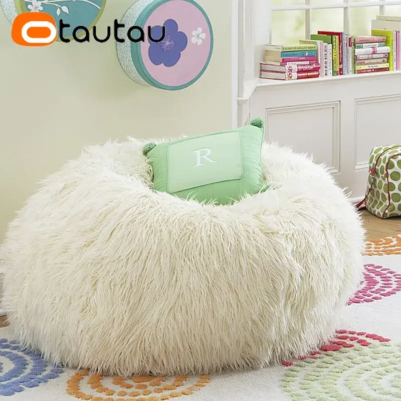 OTAUTAU Faux Long Fur Bean Bag Cover Without Filler Floor Seat Pouf Ottoman Beanbag Chair Frameless Sofa Puff Futon DD012