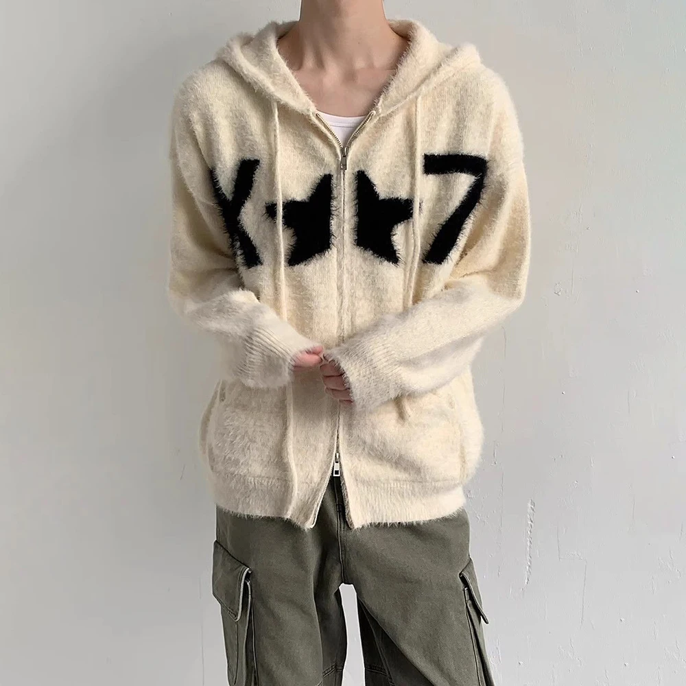 

Winter New Men's Hooded Long-Sleeved Cardigan Sweater Unisex American Retro Fashion Trendy High Street Casual Loose Men's Top