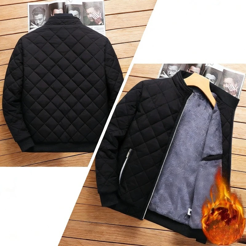 

2025 Autumn Winter Bomber Jacket Men Diamond Pattern Fleece Lined Casual Jacket Men Fashion Clothing Brand New Slim Fit Coat