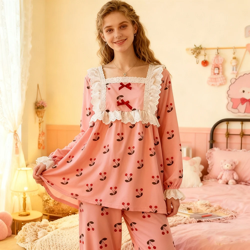 

Женский пижамный комплект в клетку, комплект из 2 предметов: топ и брюки с кружевной отделкой и длинными рукавами, большой размер, уютная домашняя одежда для сна в стиле принцессы