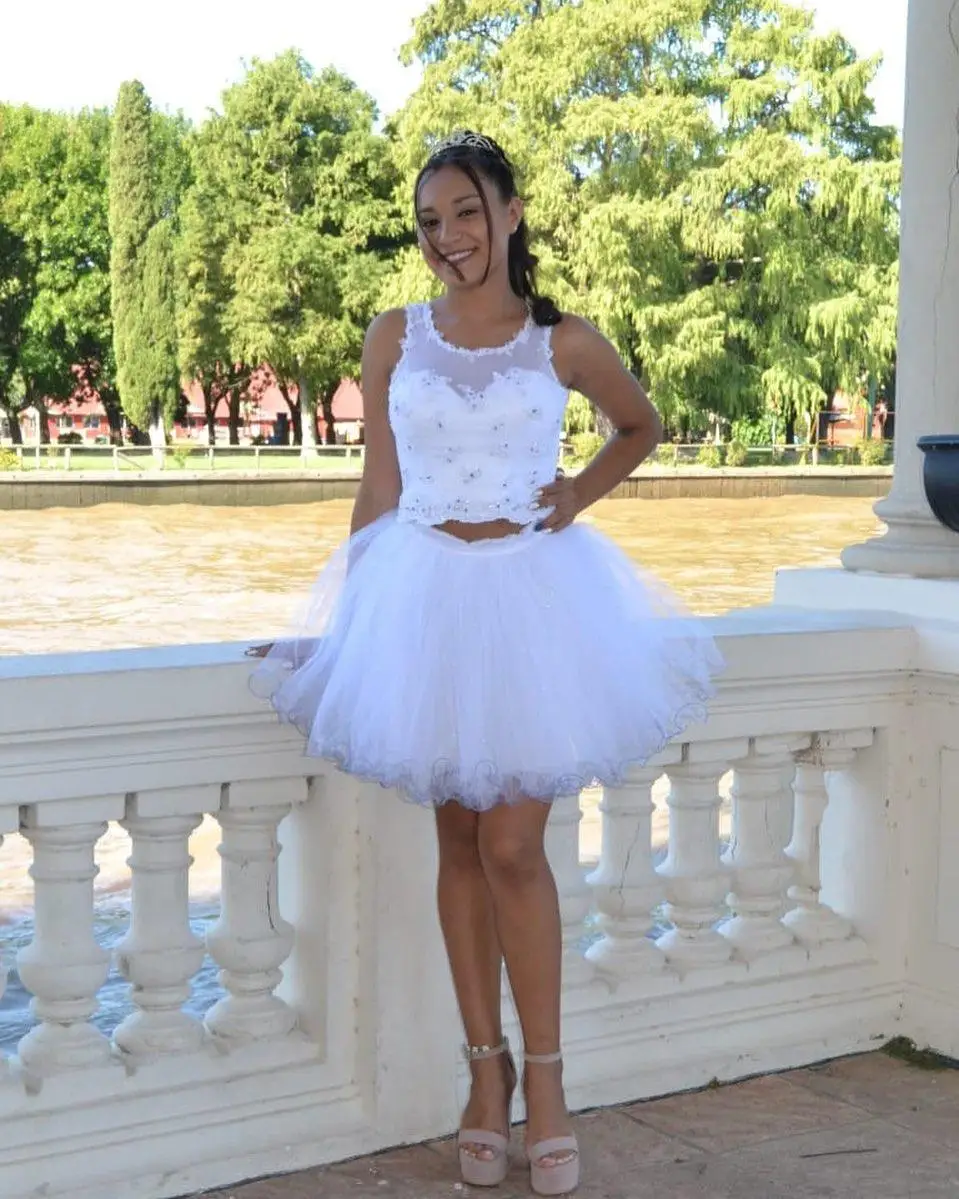 

Two Pieces White Lace Homecoming Dresses Mini Short Tulle Beaded O Neck Tank Above Knee Summer Prom Party Dress for Junior