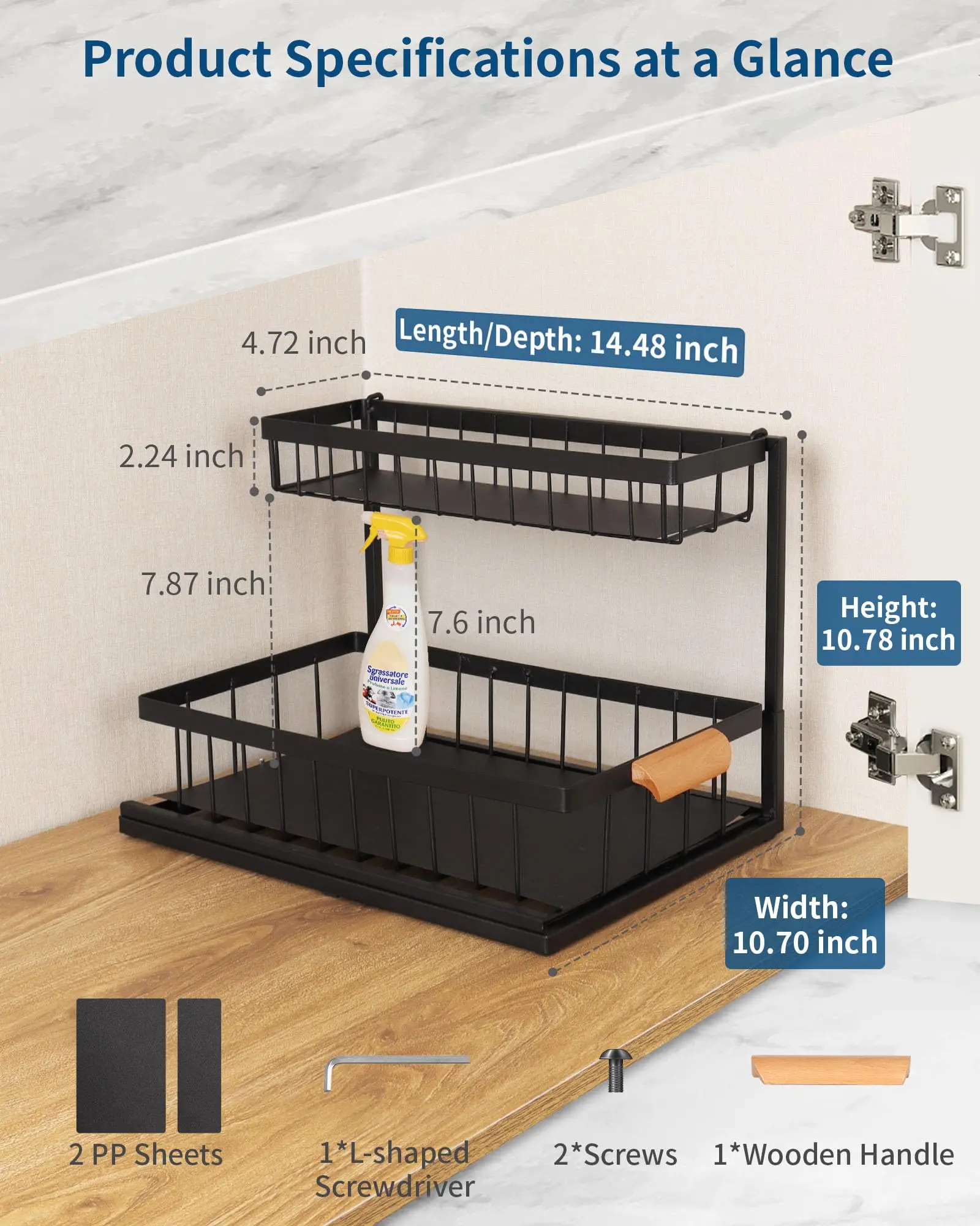 2 Tier Under Sink Organizer,Metal Pull Out Kitchen Cabinet Organizer with Sliding Drawer,Sturdy Multi-Functional for Kitchen