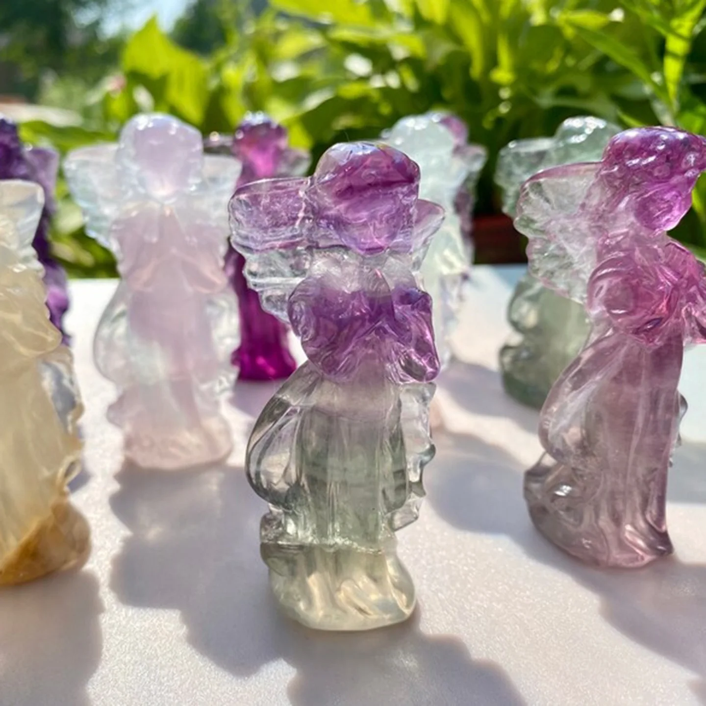 Natural Macaron Fluorite Angel Figurine Hand Carved Statue, Reiki Healing Crystal, Desktop Decor Meditation Energy Stone Gift