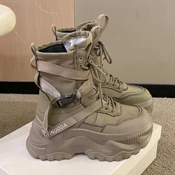 Hot Fashion Women Chunky Platform Motorcycle Boots White Lace Up Thick Bottom Shoes Woman Autumn Winter Ankle Botas De Mujer