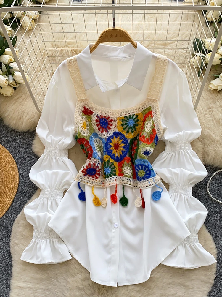 

Korean style commuting lantern sleeve shirt+knitted vest two-piece set women's spring heavy industry embroidery fashion top
