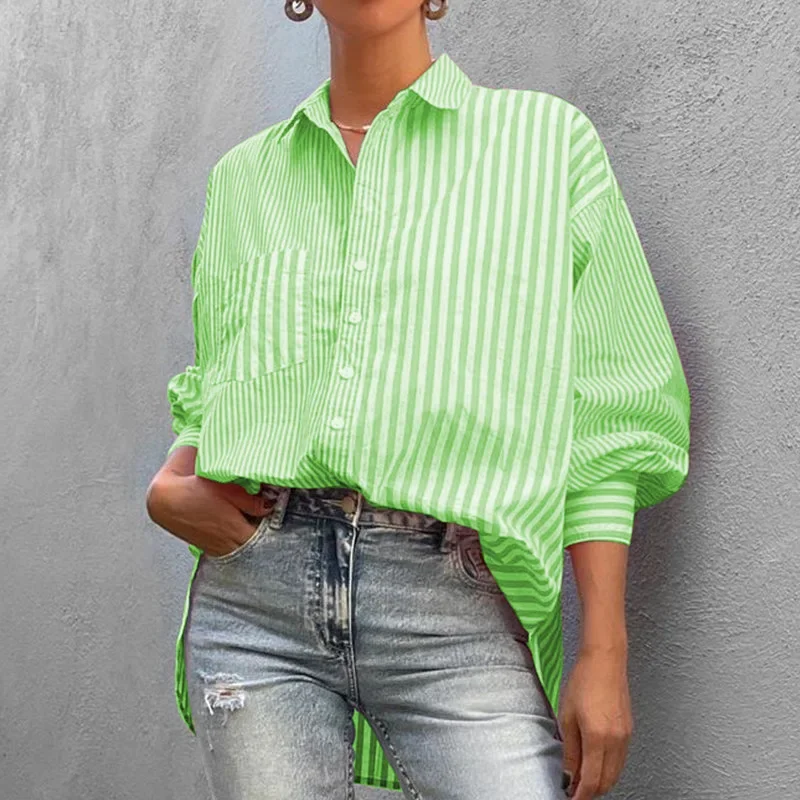 Loose Long Sleeve Striped Shirts Top Trend Casual Shirt Tops Women Pockets Polo Collar Loose Single Breasted Shirts Blouses