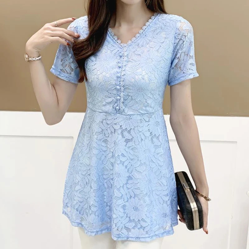 Elegant Fashion Solid Hollow Out Button Lace Shirt Summer 2023 New V-Neck Short Sleeve Slim Pullovers Long Tops Women\'s Clothing