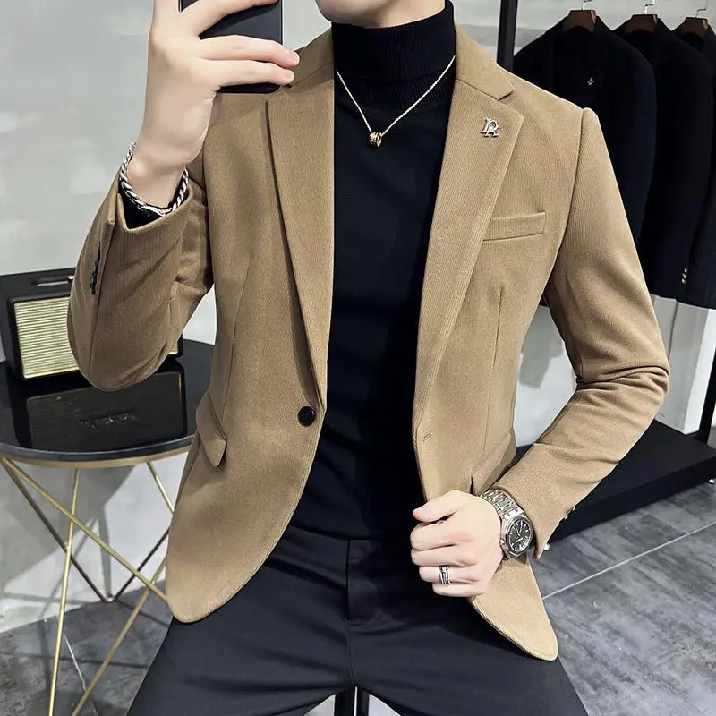 European and American Winter New Woolen Suit Texture Pattern Advanced Sense Men's Dark Stripe Thickened Woolen Suit Jacket