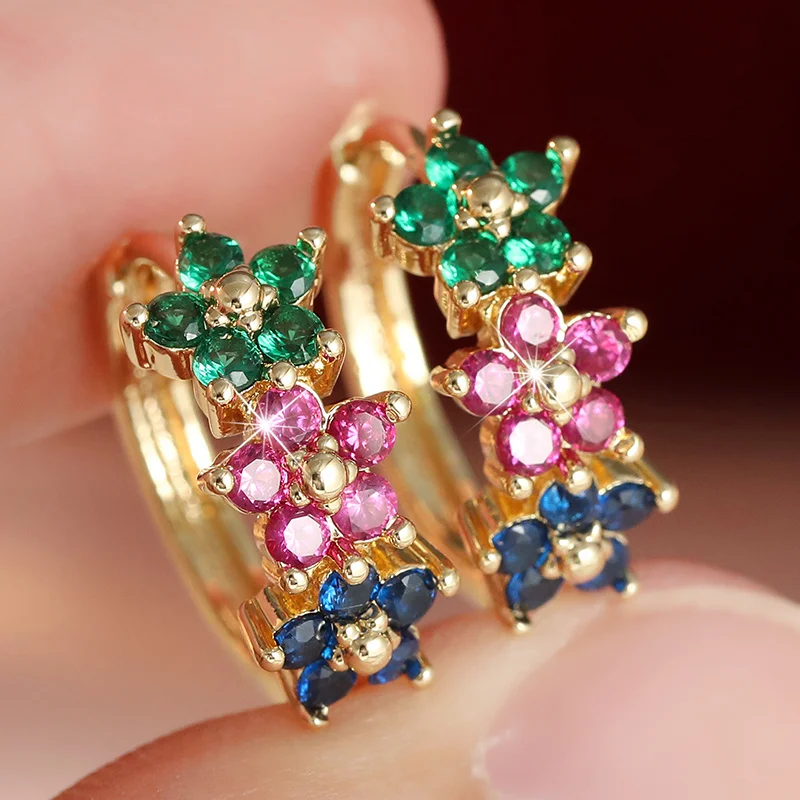 Damen-Ohrringe im Waldstil mit Blumenform, mehrfarbigen synthetischen Zirkonen und mehrlagigem Design, frischer Modeschmuck