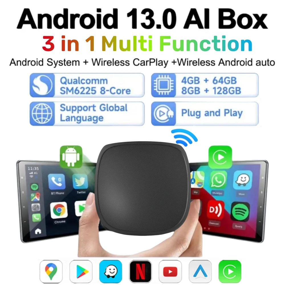 

CarPlay TV Box Android Auto Wireless Carplay Adapter Android 13 SM6225 8 128G Smart Box For Netflix Spotify Kia IOS17 2.4+5G GPS