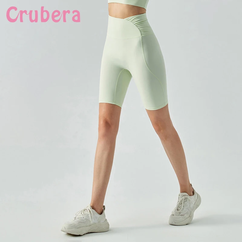 

CRUBERA Summer Women's Closed Tight Sports Cropped Pants Y-Shaped Abdominal Retraction Pleated High Waist Yoga Leggings