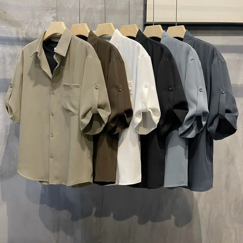 

Men's Ice Silk Short Sleeves Shirts Casual Lapel Cardigan Single Breasted Three Quarter Easy-care with Pocket High Street Shirts