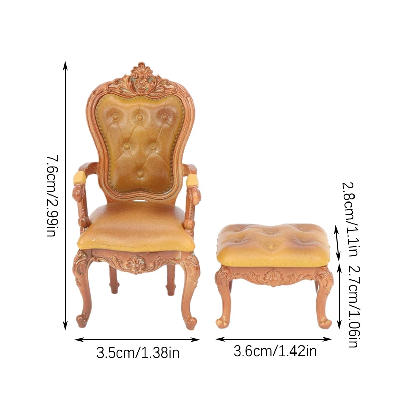 1Pcs 1:12 Dollhouse Miniature European Armchair Footstool Retro Study Chair Furniture Model Decor Toy Doll House Accessories
