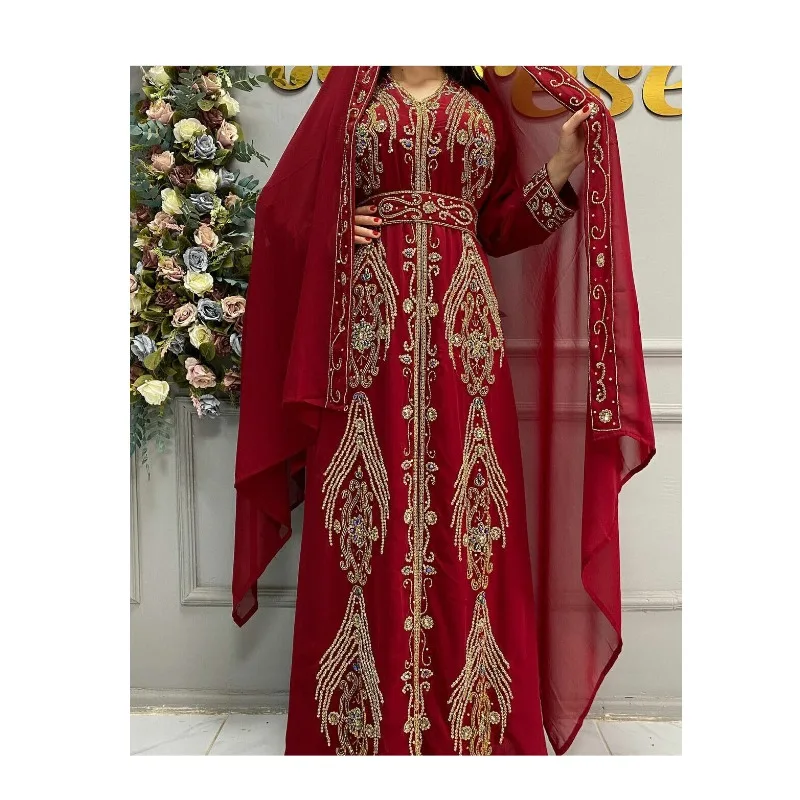 Red Gold Work Embroidered kaftan African Attire Bridesmaid Wedding Dress