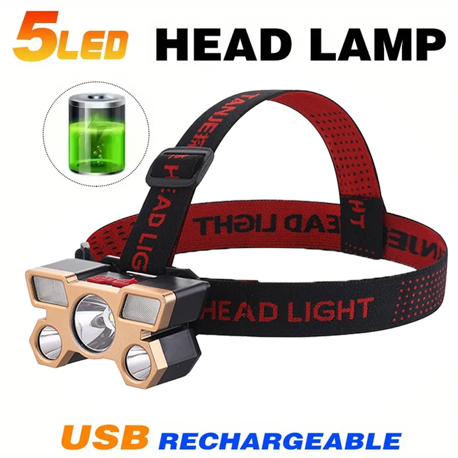 Rechargeable 5LED Headlamp, Portable Lightweight Headlight Torch, Working Light, Fishing Camping Head Light For Travel, Camping