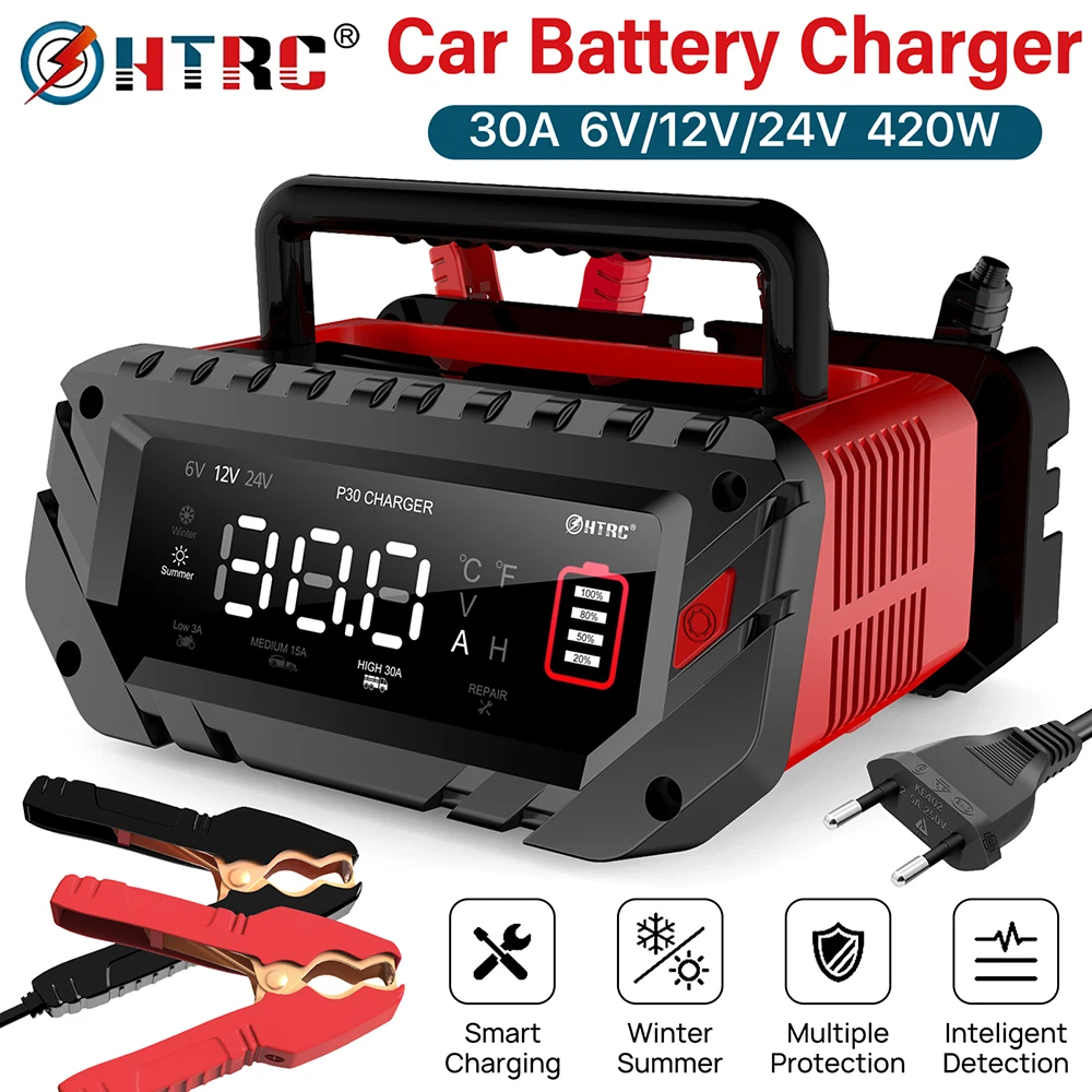 

HTRC P30 Car Battery Charger 420W 6V/12V/24V LCD Display Quick Charger For Cars RV SUV Motorcycle Repair Car Maintainer Motor