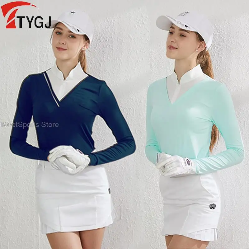 Ttygj Golf Clothes Women'S Long-Sleeved Sunscreen Ice Silk Tops  Ladies Zipper Collar Bottoming T-Shirt Cooling Sportswear