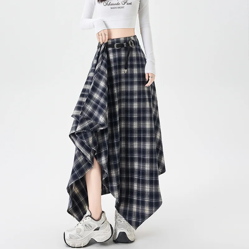 

Женская юбка миди в клетку с асимметричным подолом, весна 2026, винтажная, с завышенной талией, расклешенная, А-силуэт, средней длины, стройнящая