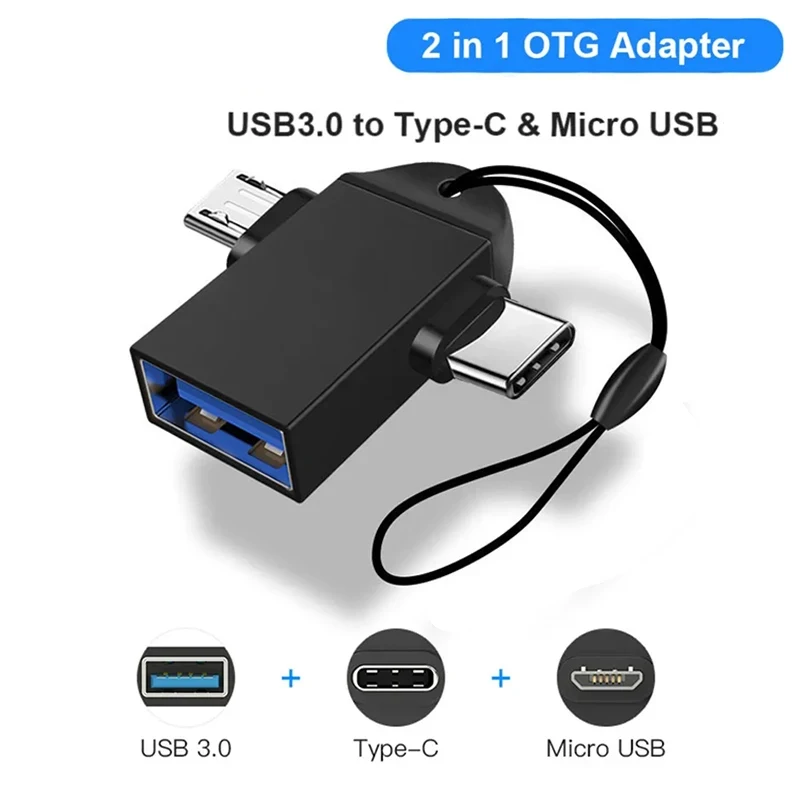 Two In One OTG Adapter, USB 3.0 Female To Micro USB Male and USB C Male Connector Aluminum Alloy on The Go Flash Disk Converter