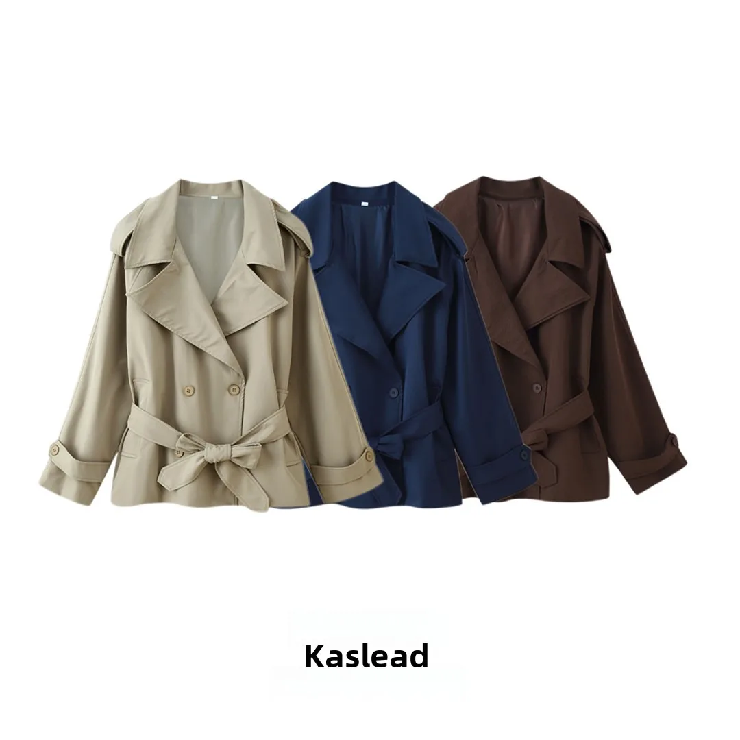 

KASLEAD New Women's Faionable Loose Coat with Belt Tie Stand Collar Long Sve Double Breasted Polyester Fiber Autumn Oute...