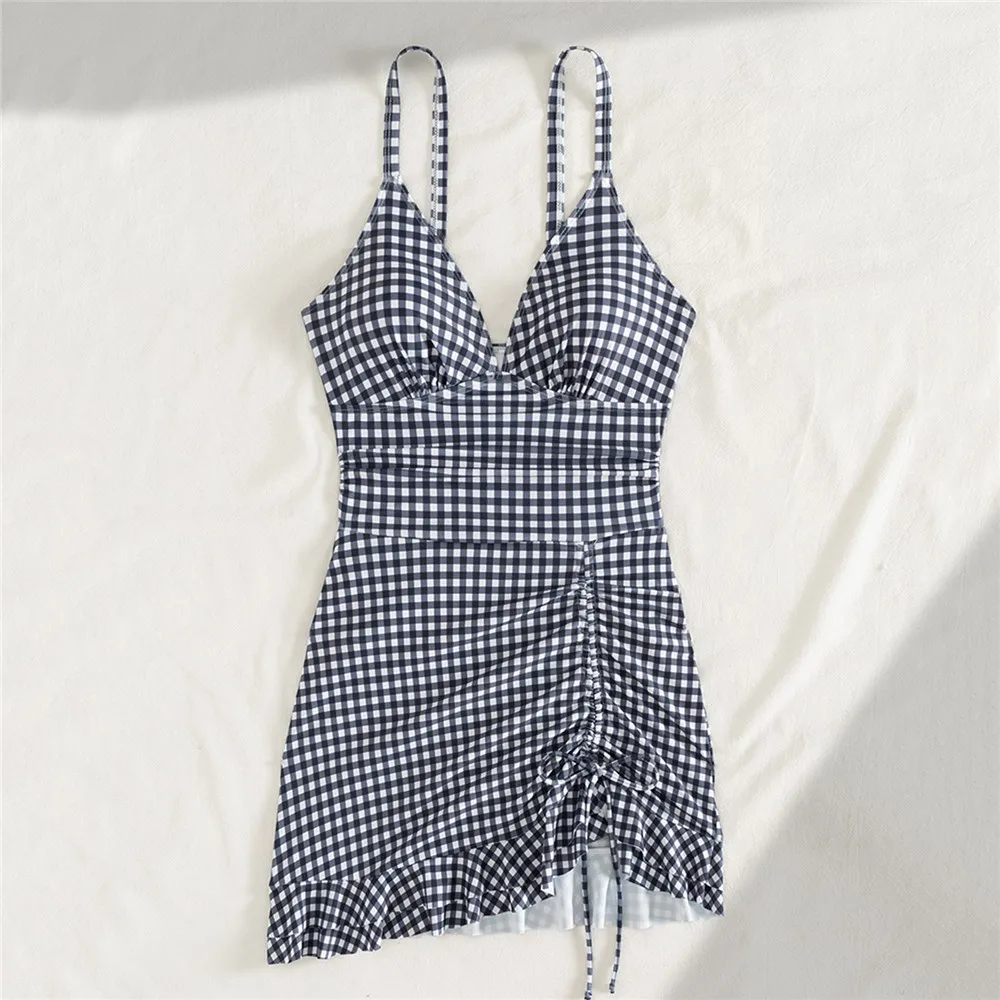 Geruite print Koreaanse mode badmode eendelig badpak trekkoord gegolfd badpak conservatieve vakantie strandkleding 2026