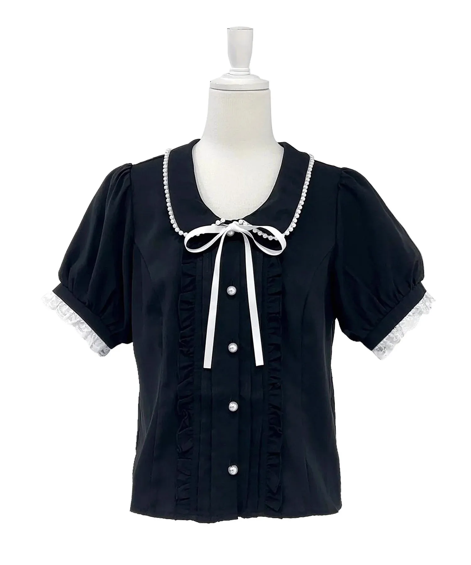 

Versatile Single Breasted Blouse Beaded Bow Tie Cute Tops Summer New Japanese Sweet Girls Short-sleeved Doll Collar Shirt