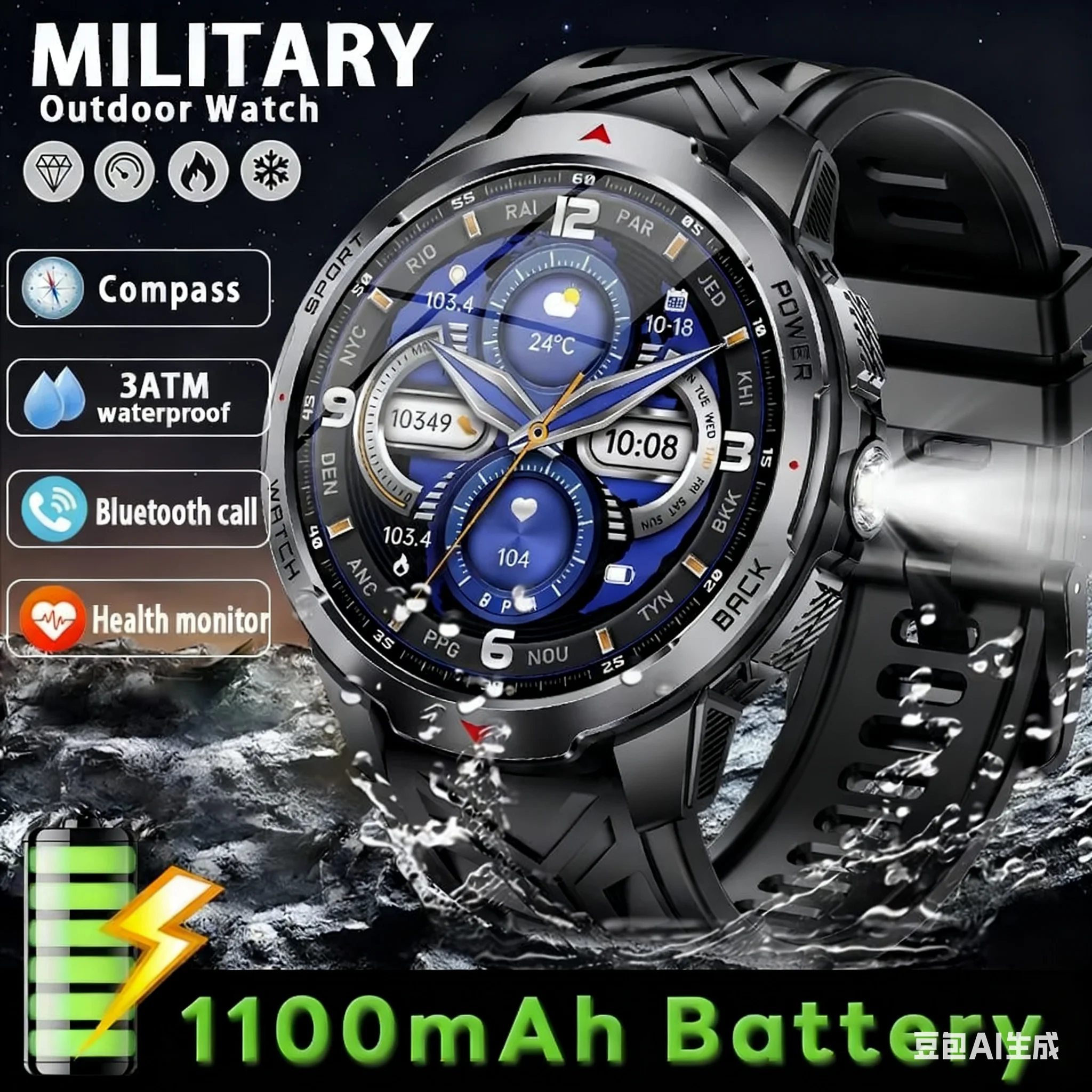 

2025 Смарт-часы для мужчин, 1100 мАч, компас с длительным режимом ожидания, умные часы, мужской светодиодный фонарик, водонепроницаемые, пульсометр, спортивные умные часы с BT Call
