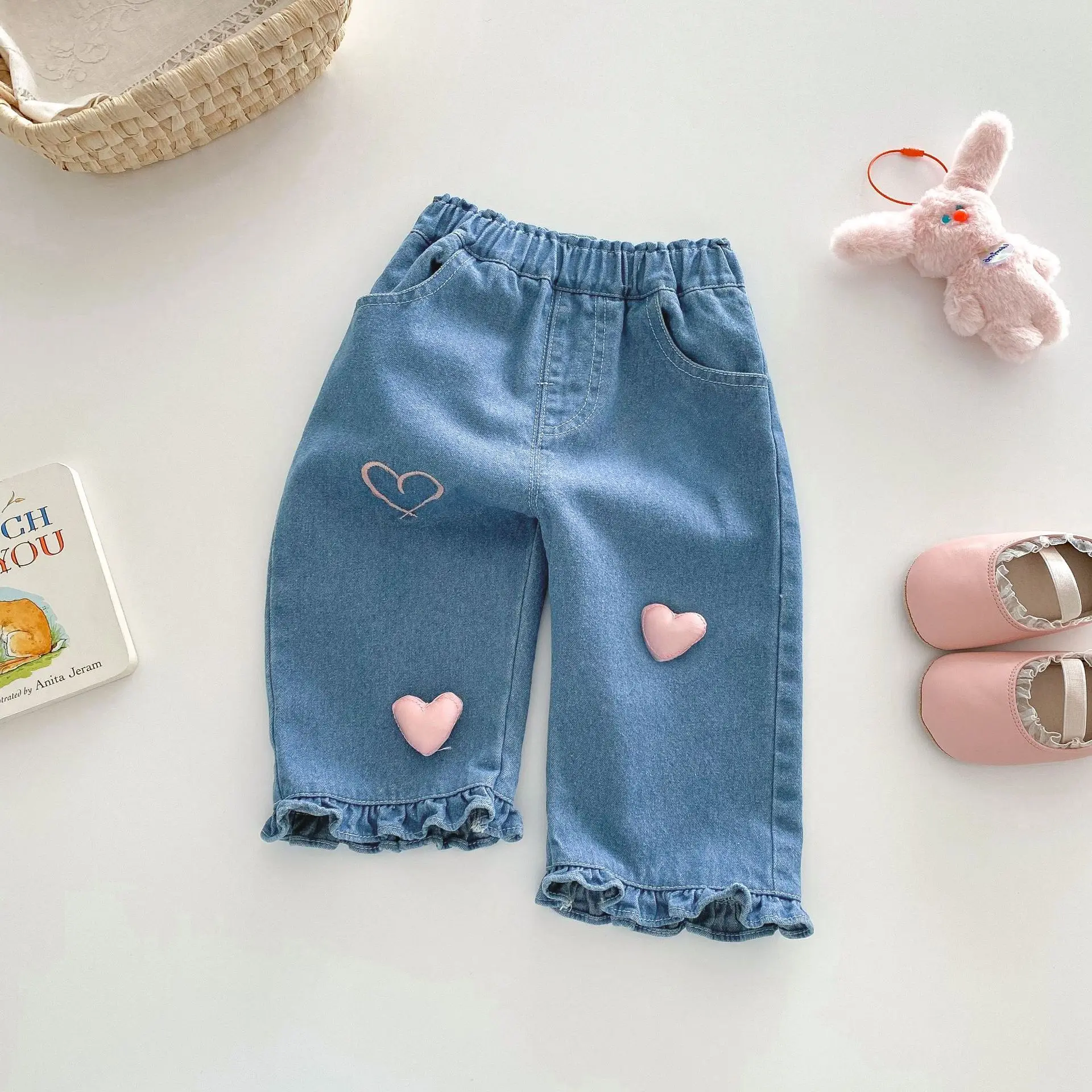 

Toddler Girls Jeans 0-5Y Spring Autumn Pink 3D Heart Patches Ruffled Hem Denim Pants Sweet Soft Children's Clothing