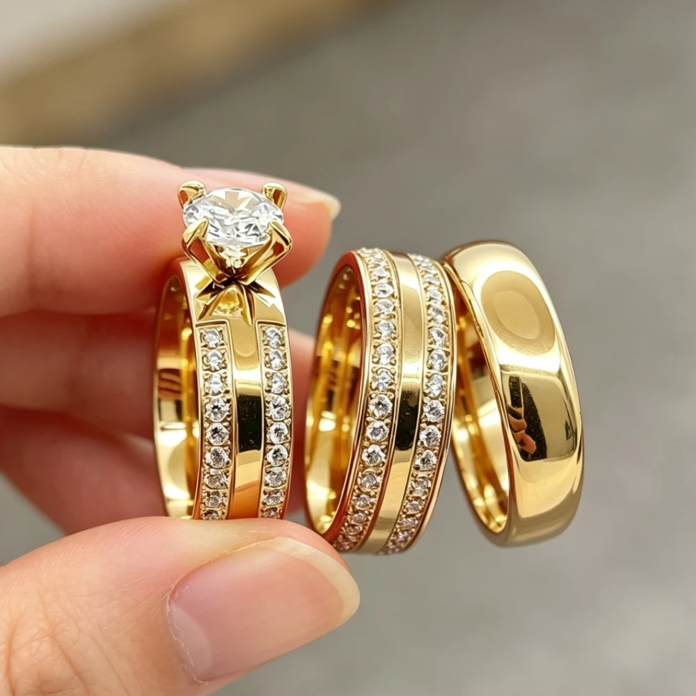 Hypoallergenic 3pcs Couple Wedding Ring Set 316L Stainless Steel 18K Gold Plated Engagement Bands Bridal Rings For Men and Women