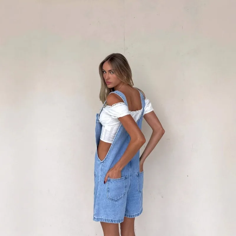 2025 Spring/Summer New European and American Pocket Strap Adjustable Strap Laundry Cowboy Jumpsuit Shorts Three Leg Pants