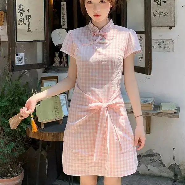 

Dress Pink Plaid Lace Up Chinese Style Women'S Summer New Style Temperament Waist Slimming Can Be Worn Daily With Short Skirts