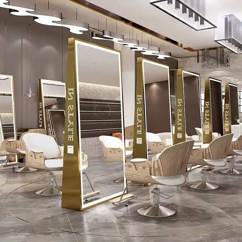 Barber Shop Mirror Floor-to-ceiling Single and Double-sided with Lamp Stainless Steel Hair Cutting Perm and Dyeing Mirror