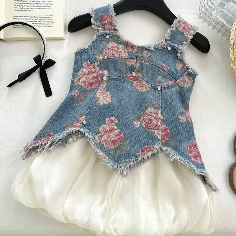 

New style girls' denim suspender set for summer, stylish printed top and bloomers set for little girls3010