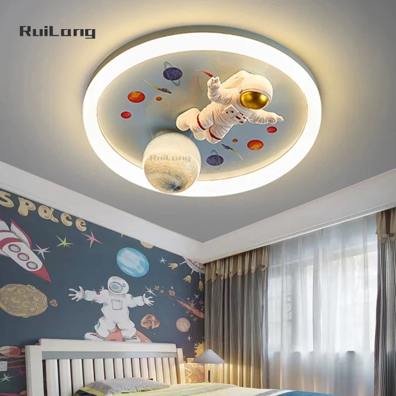 Dimmable Led Baby Room Ceiling Lamp Astronaut Space Moon Planet Chandelier Kids Boys Bedroom Ceiling Light Cute Nursery Decor