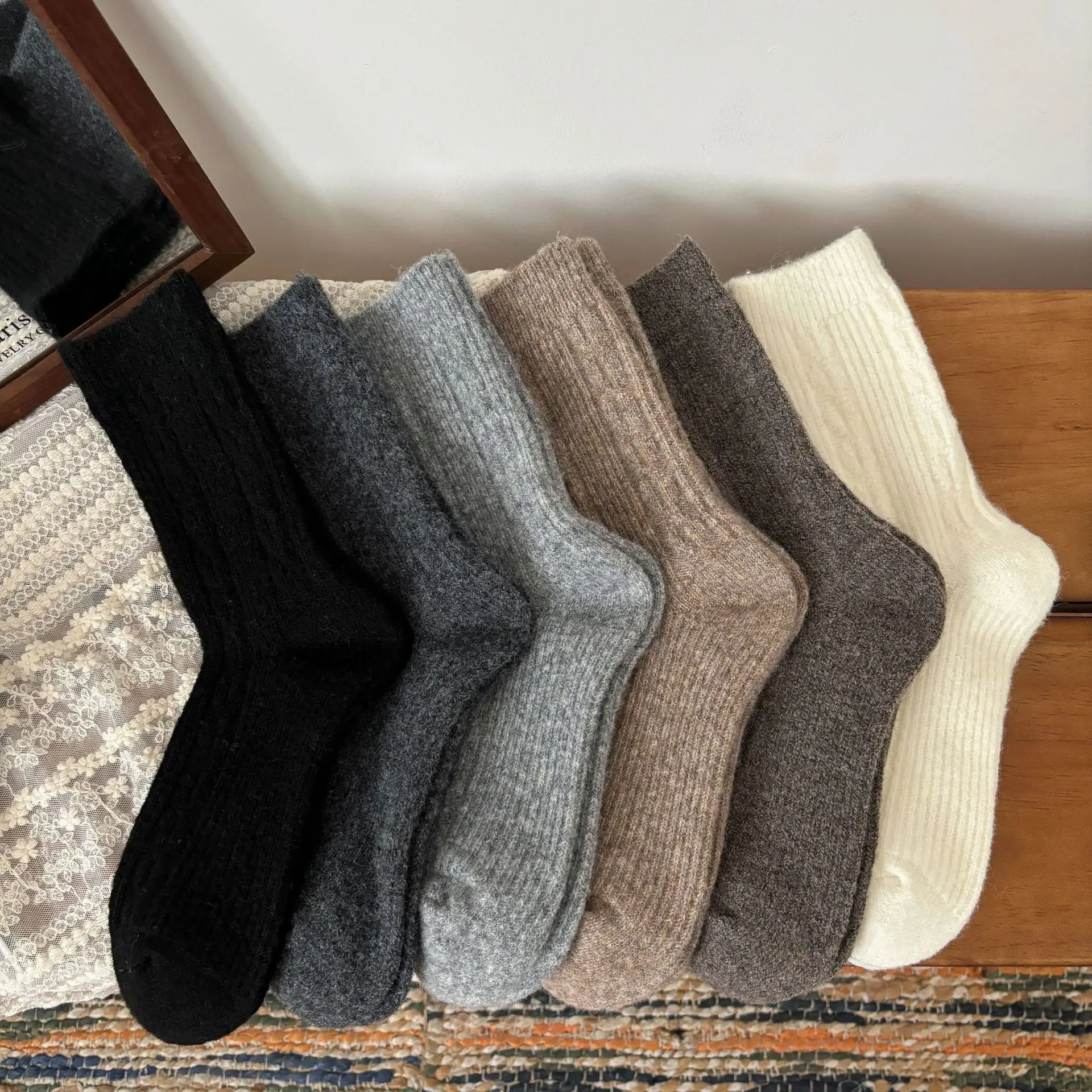Wool Socks Women 2026 New Autumn and Winter Thickened Warm Medium Tube Socks Twist Pattern Japanese Solid Color Long Socks Gifts