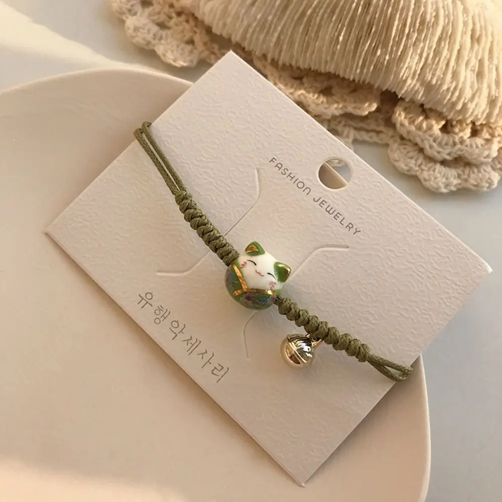 Girls Cute Bell Hand Rope Gifts Ceramic Cat Pendant Women Hand Ring Maneki Neko Bracelet Chinese Style Jewelry Red Braided Rope