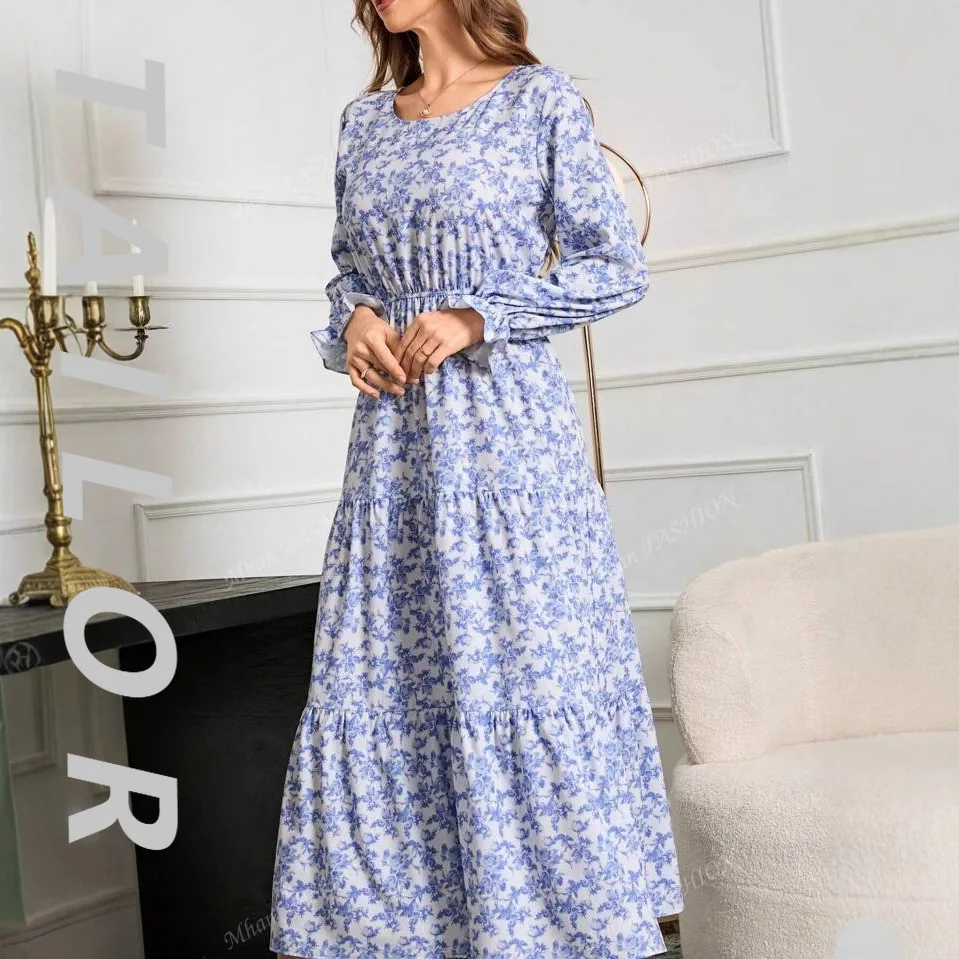 أوروبا وأمريكا والتجارة الخارجية AliExpress المرأة المطبوعة طاقم الرقبة طويلة الأكمام لوتس حافة فستان 2025 جديد