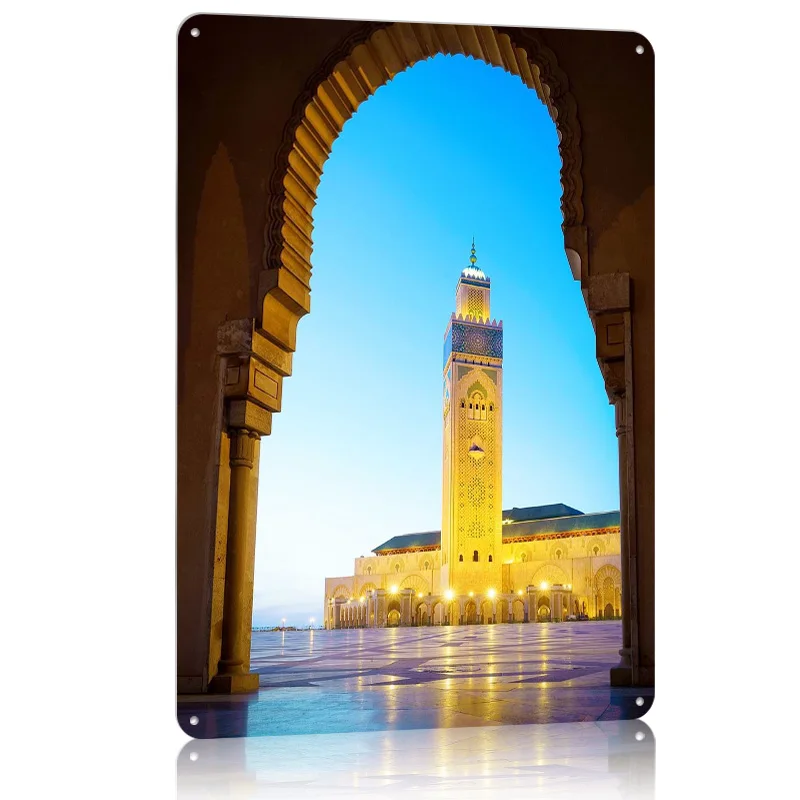 مسجد المغرب أفق المدينة الألومنيوم معدن المشارك خمر عناصر ديكور المنزل علامات معدنية مخصصة للجدار الفن الديكور رجل الكهف
