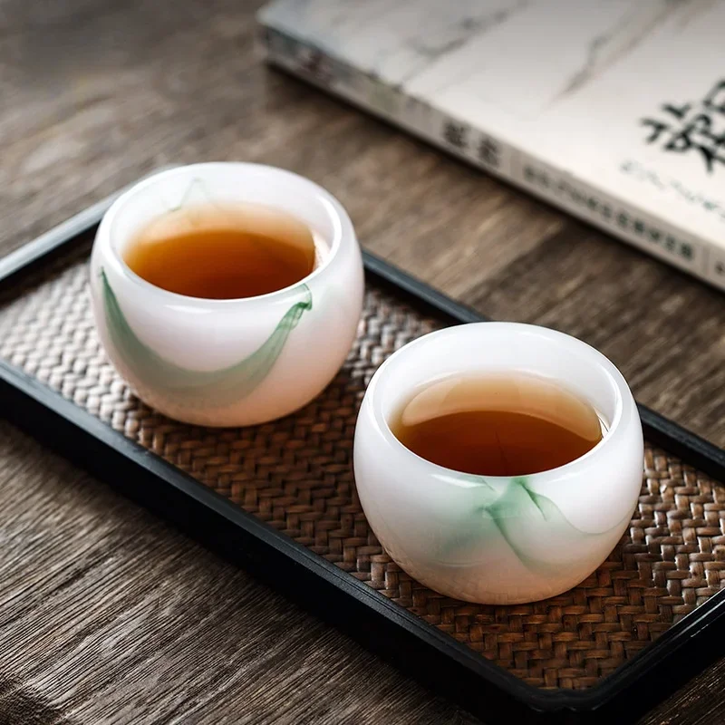 Small Jade Porcelain Tea Cup Emerald Green Teacup Beautiful Ink Style Teacups Mug for Tea Chinese High Quality Tea Bowl