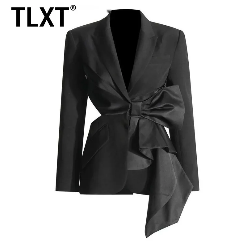 

TLXT однотонный лоскутный ажурный блейзер с бантом для женщин, туника с зубчатым воротником и длинными рукавами, темпераментные блейзеры, женские новые XK899