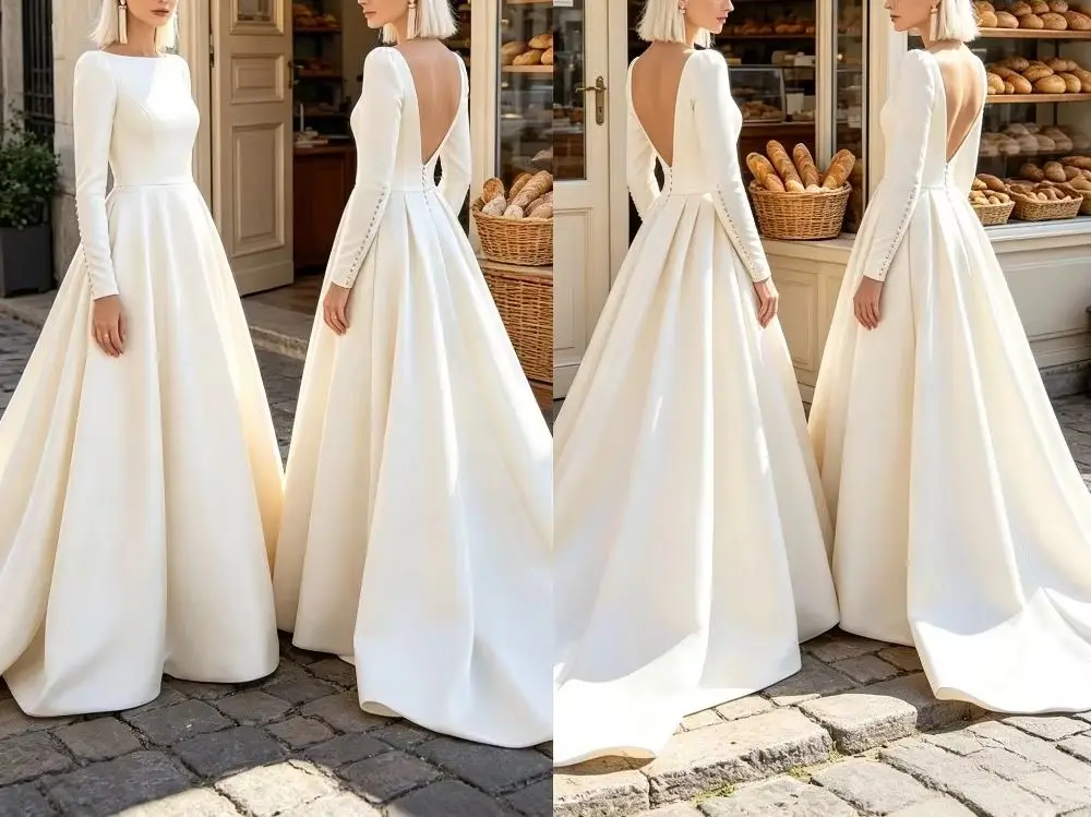 Customized Long Sleeved Satin A-line Wedding Dress with Button Decoration 2026 Elegant Boat Neck Backless Ruffled Bridal Gown